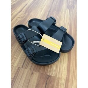 Funkymonkey Women Black Comfort Slides Double Buckle Adjustable Flat Sandals 10M